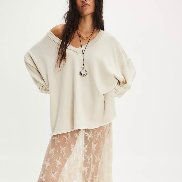 NWT $78 We The Free People Venice V-Neck Sweatshirt Size S Gray Opal - Picture 1 of 5